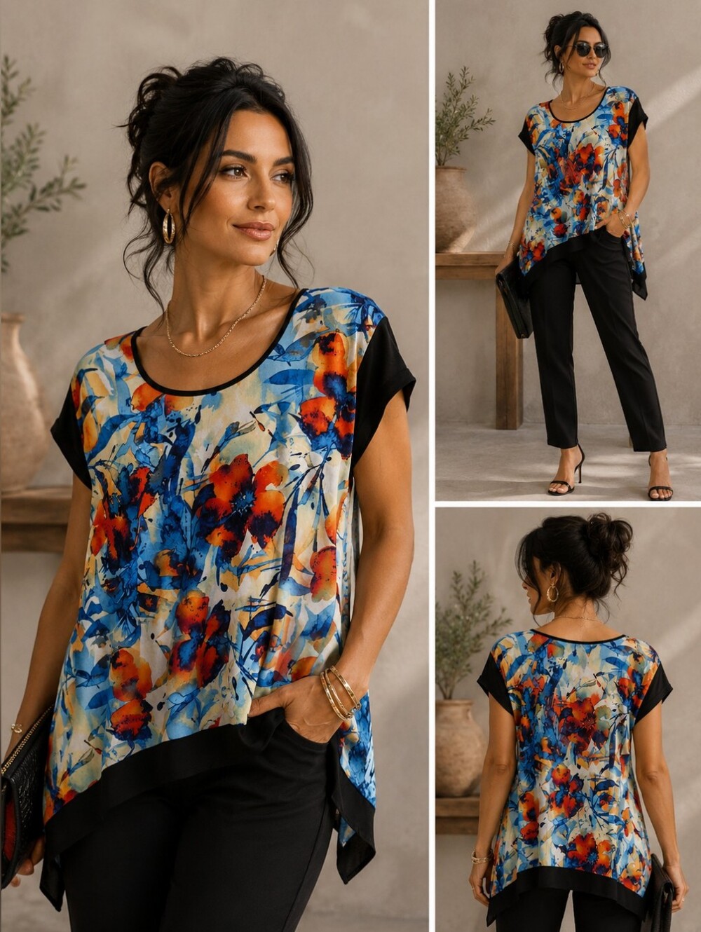 💥💙 Watercolor Floral Tunic in Blue, Red, Cream with Black Trim